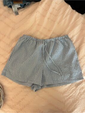 High-Waist Blue & White Striped Drawstring Women's Shorts